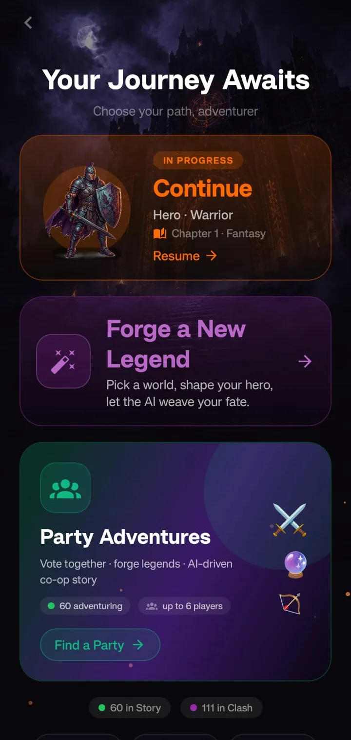The adventure hub, offering a saved game to continue, a new story to begin, and co-operative Party Adventures.